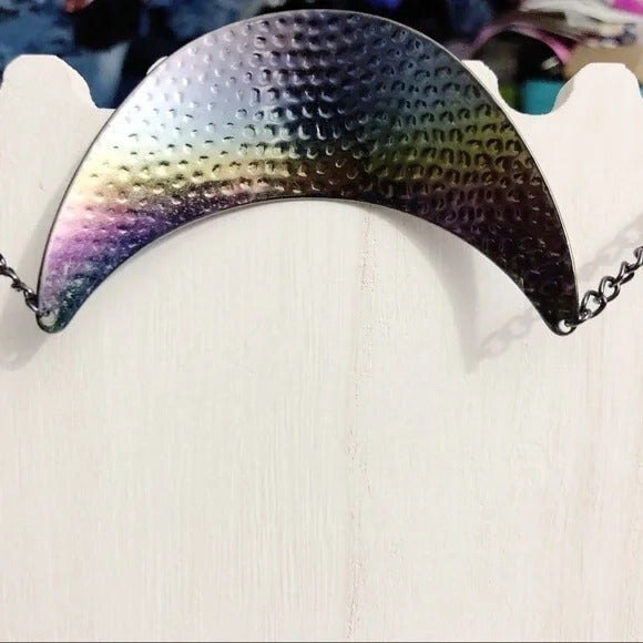 Pearlescent Stamped Metal Crescent Collar Necklace - Picture 7 of 9